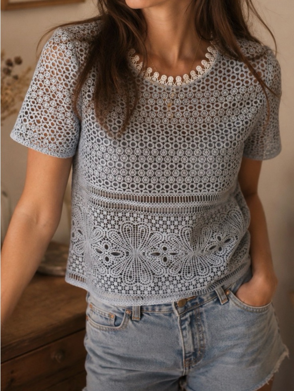 English Factory crochet short sleeved top, light blue, XS